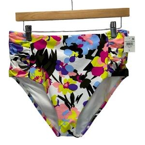 Bar III Side Ruched Floral Print Bikini Bottom - Pink Yellow Blue Black - Large
